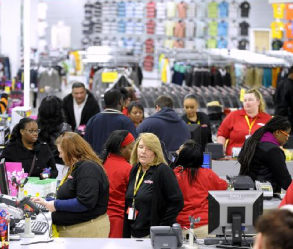 The checkout center inside a Forman Mills store.