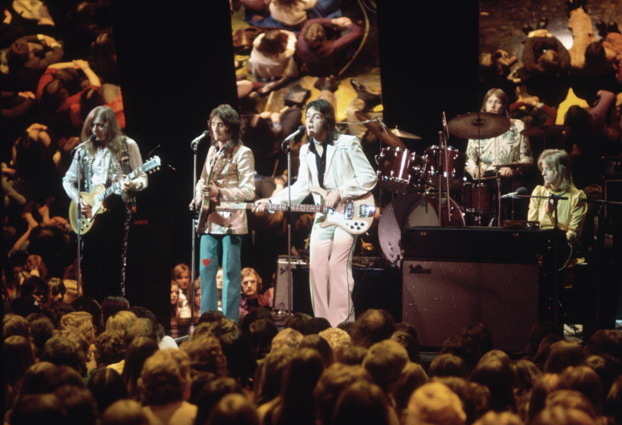 Paul and Linda McCartney with Wings debuting Live and Let Die on ABC television in 1972. (Getty)