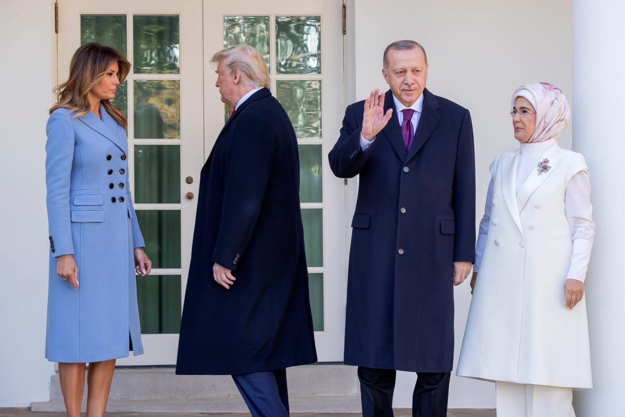 Donald Trump and first lady Melania Trump welcome Turkish president Recep Tayyip Erdogan and his wife Emine Erdogan to the White House: EPA