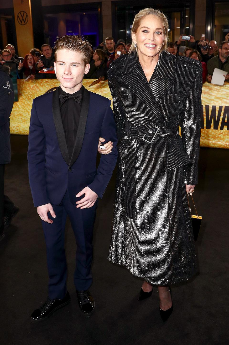 Sharon Stone and her son Roan Bronstein arrive for the 21st <em>GQ</em> Men of the Year Awards at Komische Oper Berlin in Germany on Thursday.
