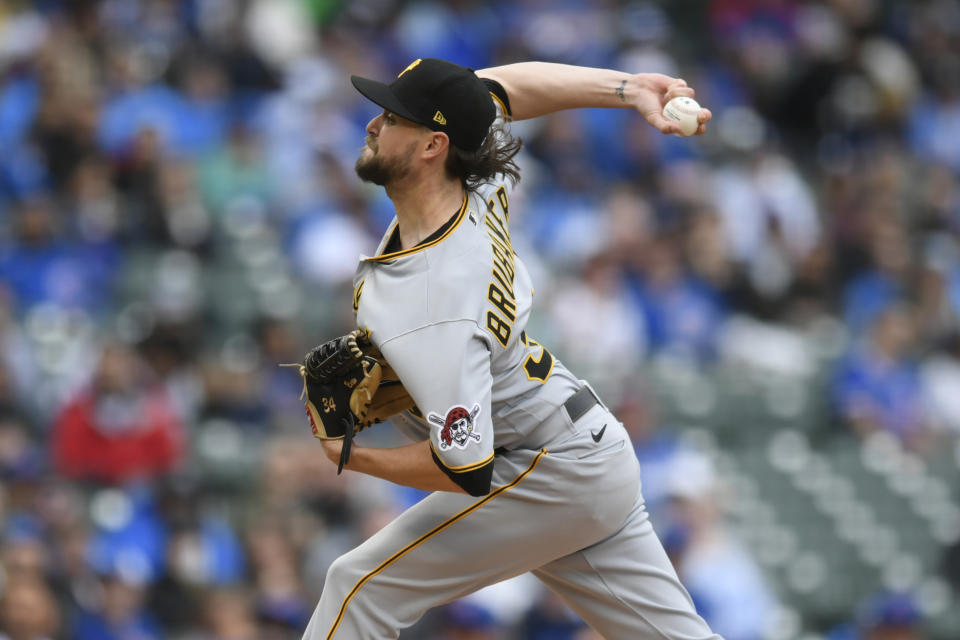 Pittsburgh Pirates starter JT Brubaker delivers a pitch during the first inning of a baseball game against the Chicago Cubs Sunday, April 24, 2022, in Chicago. (AP Photo/Paul Beaty)