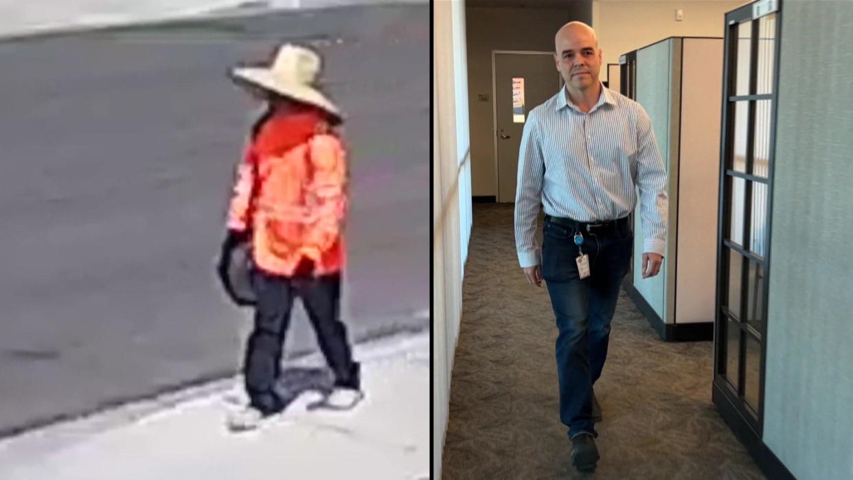 On Sept. 6, 2022, police released surveillance video of the suspect, left. Review-Journal photographer Kevin Cannon said he was immediately reminded of a walking shot he had taken of Telles, right, when German interviewed him at his office.  / Credit: Las Vegas Metropolitan Police Department/© Las Vegas Review-Journal, Inc./Kevin Cannon