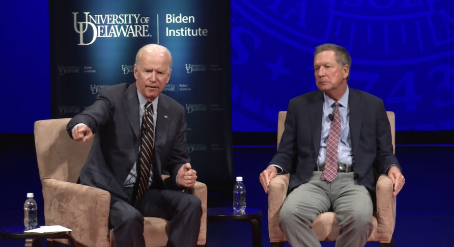 Former Vice President Joe Biden and Gov. John Kasich of Ohio (Screengrab via University of Delaware)