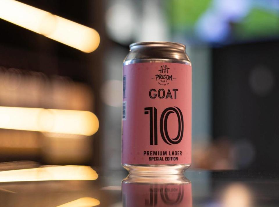 Here’s a can of Goat 10, a Lionel Messi-themed premium lager, at Graziano’s Market and Restaurant on Wednesday, July 12, 2023 in Coral Gables.