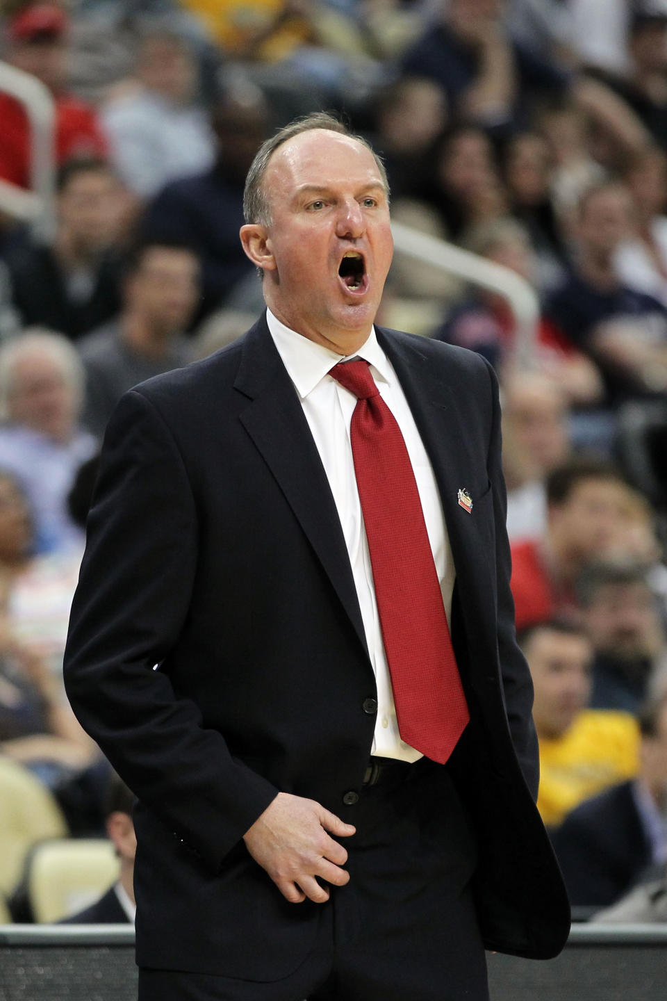 Head coach Thad Matta of the Ohio State Buckeyes reacts during the second round of the 2012 NCAA Men's Basketball Tournament against the Loyola Greyhounds at Consol Energy Center on March 15, 2012 in Pittsburgh, Pennsylvania. (Photo by Gregory Shamus/Getty Images)