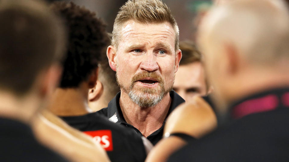 Nathan Buckley, pictured here addressing his players during Collingwood's loss to Western Bulldogs.