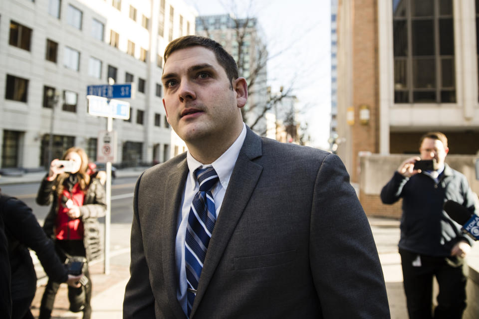 Former East Pittsburgh police officer Michael Rosfeld, charged with homicide in the shooting death of Antwon Rose II, arrives at the Dauphin County Courthouse in Harrisburg, Pa., Tuesday, March 12, 2019. (AP Photo/Matt Rourke)