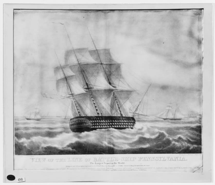 Ship of the Line Pennsylvania Lithograph by A. Hoffy, No. 41 Chestnut St., Philadelphia, Pennsylvania, after a sketch by C.C. Barton, U.S.N. It was Designed and lithographed expressly for the Philada. Saturday Chronicle. (U.S. Naval History and Heritage Command Photograph.)