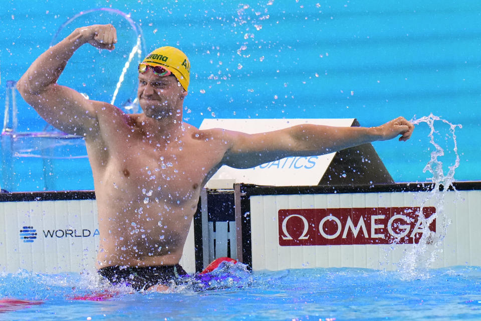 Sam Williamson of Australia celebrates after winning the men's 50m breaststroke final at the World Aquatics Championships in Doha, Qatar, Wednesday, Feb. 14, 2024. (AP Photo/Hassan Ammar)