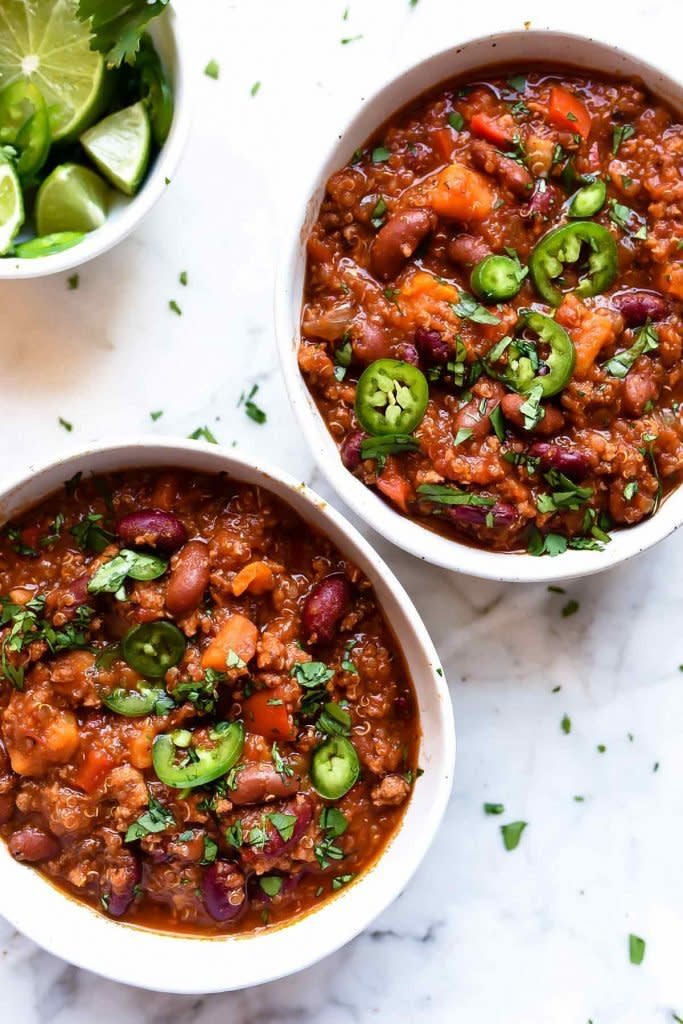 <strong>Get the <a href="https://www.foodiecrush.com/slow-cooker-turkey-sweet-potato-chili-quinoa/" target="_blank">Slow Cooker Healthy Turkey And Sweet Potato Chili With Quinoa</a> recipe from Foodie Crush</strong>