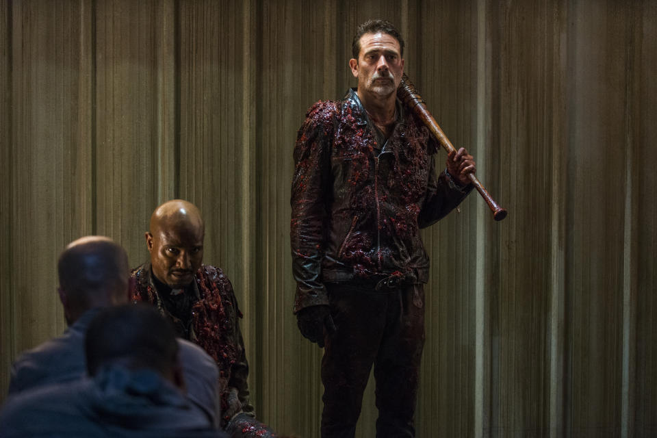 <p>Jeffrey Dean Morgan as Negan and Seth Gilliam as Father Gabriel Stokes in AMC’s <i>The Walking Dead.><br> (Photo: Gene Page/AMC)</i> </p>