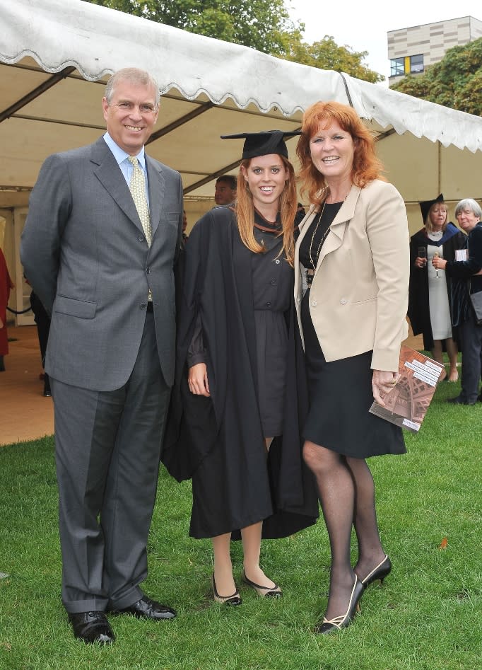 The Duke York (left) and Sarah, Duchess of York (right) meet their daughter, Princess Beatrice (centre), following her graduation ceremony at Goldsmiths College, London.  PRESS ASSOCIATION Photo. Picture date: Friday September 9, 2011. Photo credit should read: Ian Nicholson/PA Wire