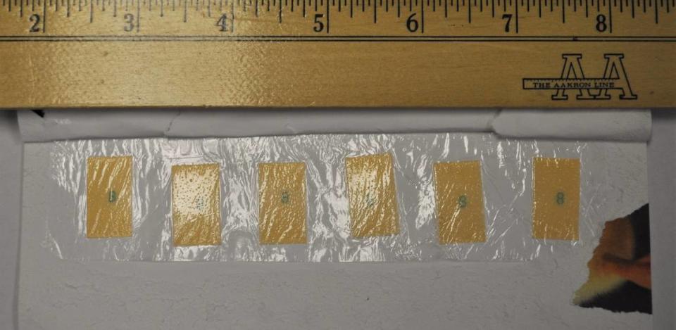 While inspecting inmate mail in September 2021, officers at Foothills Correctional Institution, in Morganton, found these strips of the drug Suboxone hidden between the layers of paper in a birthday card.