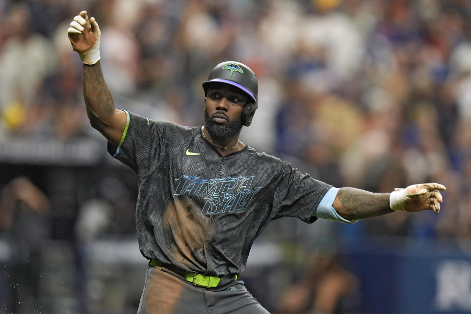 Tampa Bay Rays' Randy Arozarena celebrates his solo home run off New York Mets relief pitcher Edwin Diaz during the ninth inning of a baseball game Sunday, May 5, 2024, in St. Petersburg, Fla. (AP Photo/Chris O'Meara)