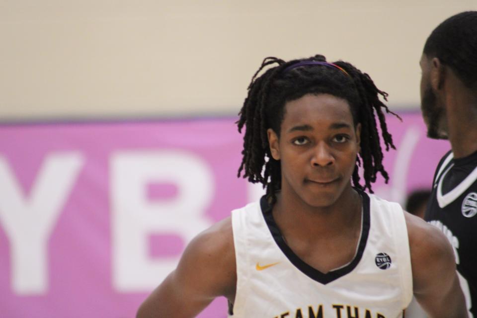 Jasper Johnson stands on the court during an AAU basketball game July 5, 2023, at the Nike EYBL Peach Jam in North Augusta, S.C. A Woodford County native, Johnson holds scholarship offers to play at Louisville and Kentucky and is considered one of the top guards in the Class of 2025.