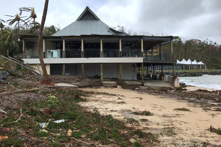 Damaged buildings can be seen after Cyclone Debbie hit the resort on Hamilton Island, located off the east coast of Queensland in Australia March 29, 2017. Jon Clements/Handout via REUTERS