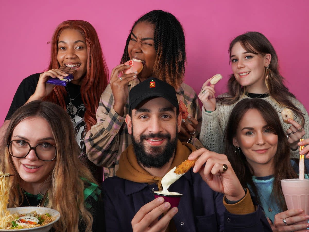 The Caught Snackin’ team: (back L-R) Chloe Fernandes-Mendes, Harleigh Reid, Kat Scott Payne, (front L-R) Lydia Vernon, Jason Tamou, Freya Matchett (Tino Musiiwa/PA)