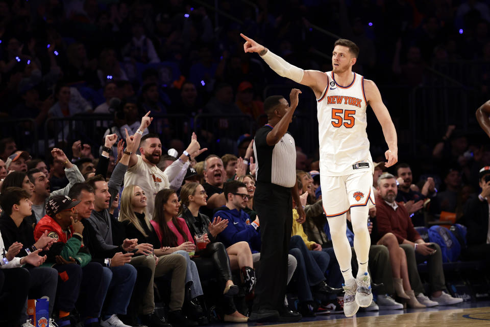 New York Knicks center Isaiah Hartenstein gestures after making a 3-point basket against the Detroit Pistons during the first half of an NBA basketball game Friday, Oct. 21, 2022, in New York. (AP Photo/Adam Hunger)