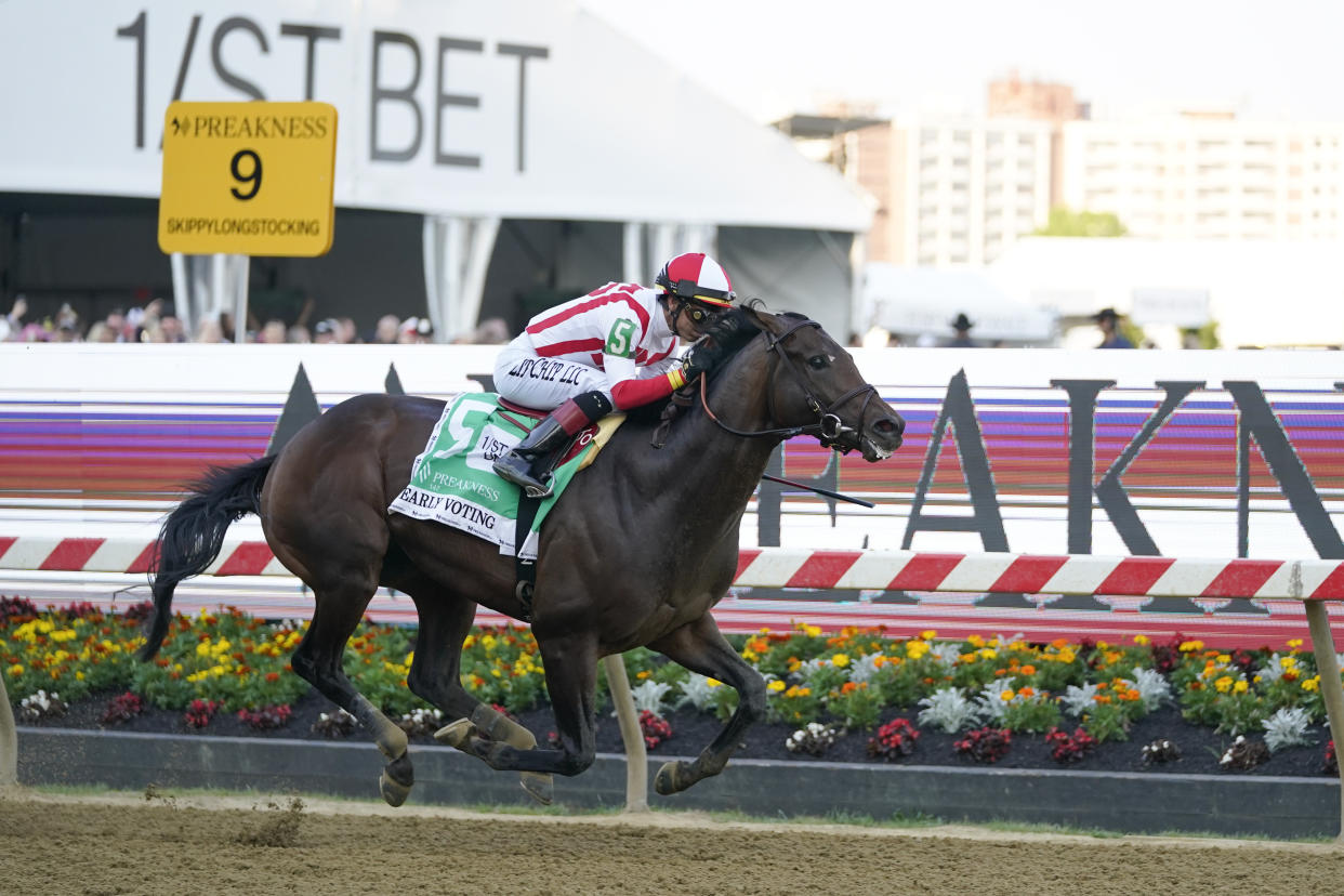 Jose Ortiz atop Early Voting wins the 147th running of the Preakness Stakes horse race at Pimlico Race Course, Saturday, May 21, 2022, in Baltimore. (AP Photo/Julio Cortez)