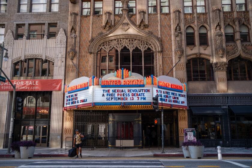 Los Angeles, CA - September 13: The marquee at The Theatre at the Ace Hotel on Wednesday, Sept. 13, 2023, in Los Angeles, CA. The Free Press, led by Weiss, is holding a debate on Wednesday: Has the Sexual Revolution Failed? (Francine Orr / Los Angeles Times)