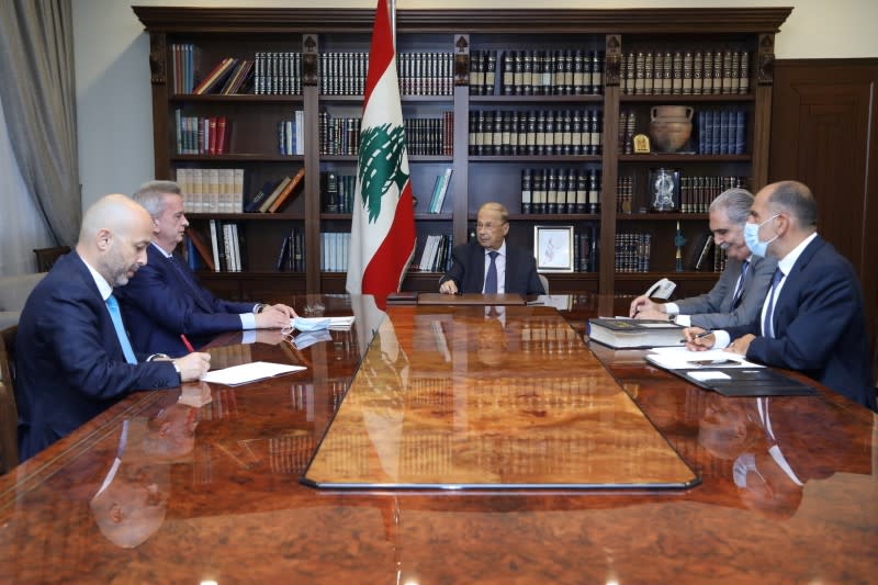 FILE PHOTO: Lebanon's President Michel Aoun meets with Lebanon's Central Bank Governor Riad Salameh at the presidential palace in Baabda