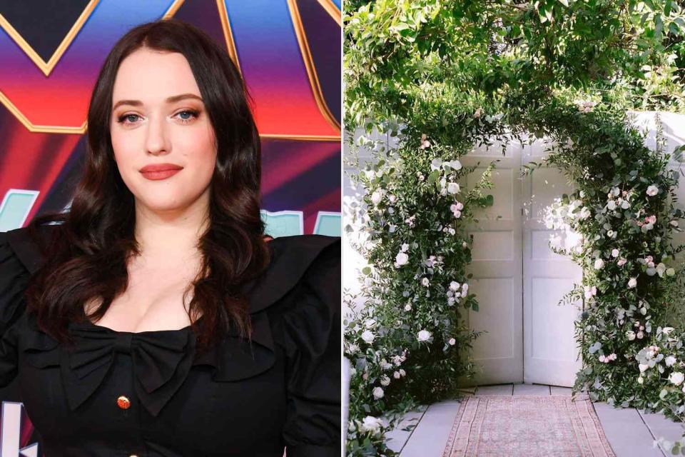 <p>Jon Kopaloff/Getty; Kat Dennings/Instagram</p> Kat Dennings; Kat Dennings Wedding Floral Arch