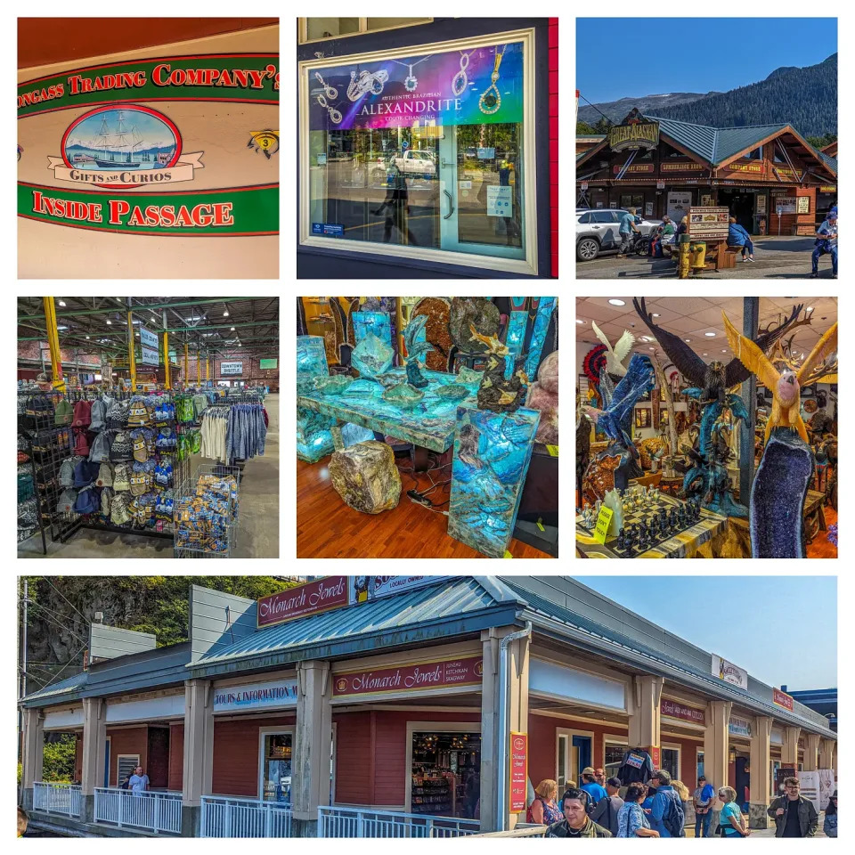 Collage showing the different stores to shop at in Ketchikan including clothing, jewlery, minerals and more.
