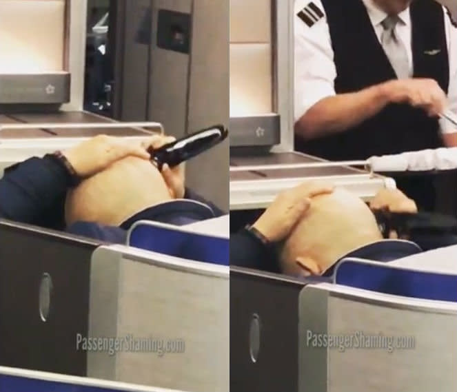 A man was caught on video shaving his head on a flight. (Photo: @passengershaming/Instagram)