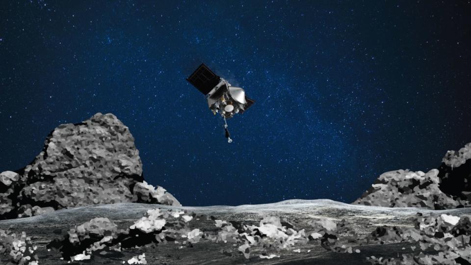 <div class="inline-image__caption"><p>An artist’s rendering of Hayabusa2 attempting a sample collection on the surface of Ryugu.</p></div> <div class="inline-image__credit">Courtesy of JAXA</div>