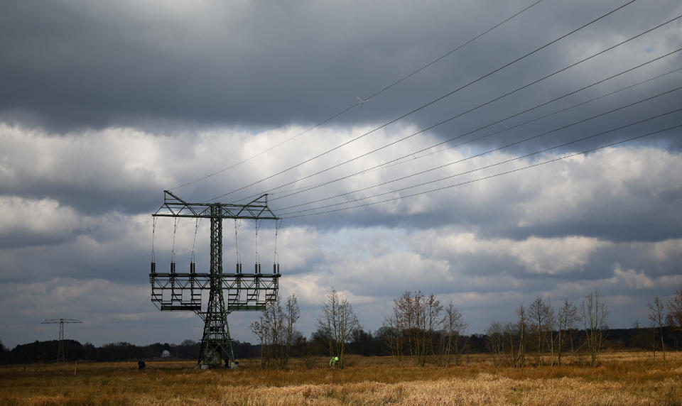 A general view of the electricity pylon that was set on fire near Tesla's Gigafactory in Germany