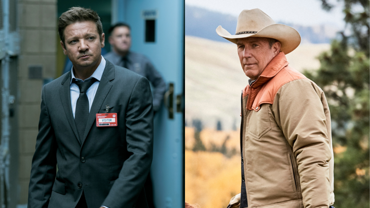  From left to right: press images of Jeremy Renner walking through a prison in Mayor of Kingstown and Kevin Costner looking back in Yellowstone. 