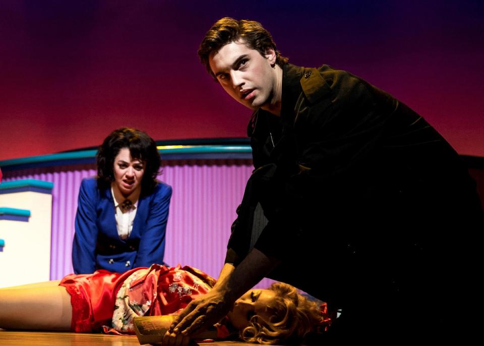 This image released by Vivacity Media Group shows Barrett Wilbert Weed, left, and Ryan McCartan in a scene from the musical "Heathers" performing at New World Stages in New York. (AP Photo/Vivacity Media Group, Chad Batka)