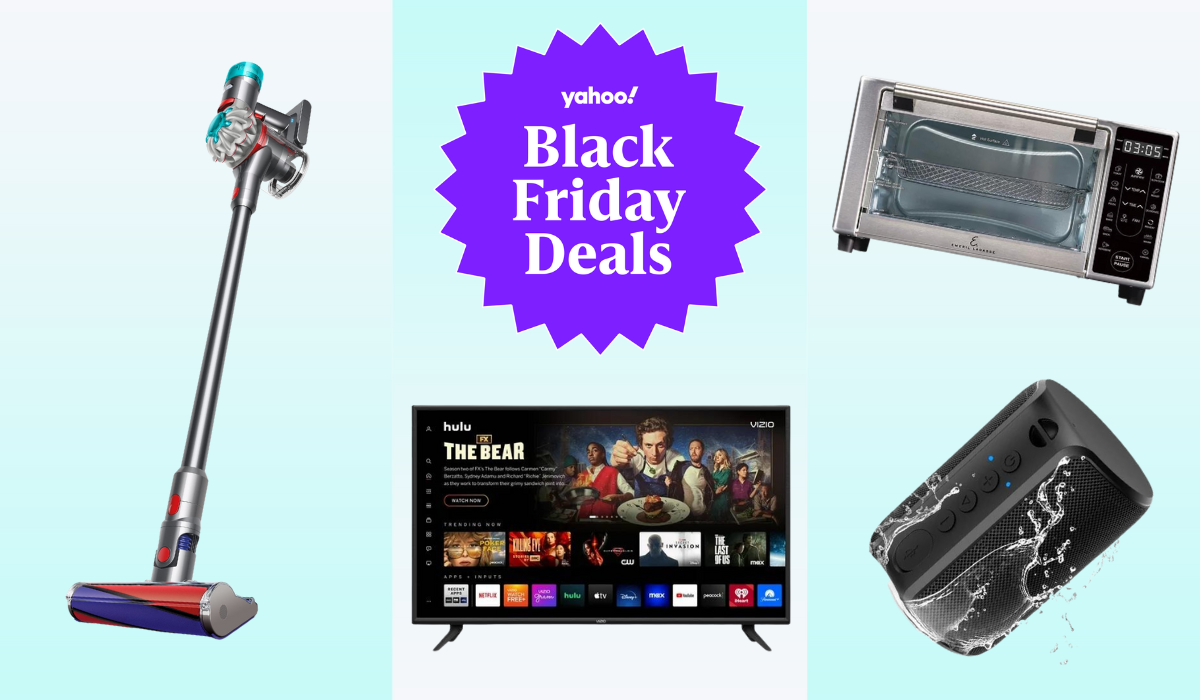 Standing stick vacuum, smart TV, black speaker, and toaster oven, along with a graphic reading: Yahoo Black Friday Deals.