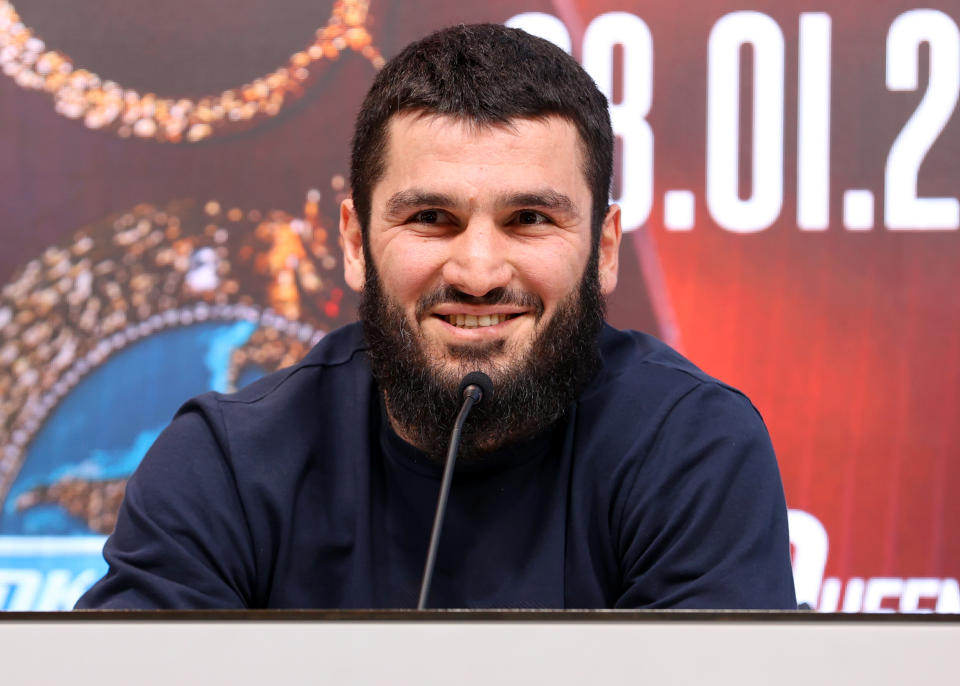 LONDON, ENGLAND - DECEMBER 03: Artur Beterbiev speaks during the press conference ahead of his January 28 unified light heavyweight championship fight with Anthony Yarde, at Tottenham Hotspur Stadium on December 03, 2022 in London, England. (Photo by Mikey Williams/Top Rank Inc via Getty Images)