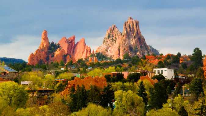 Red spires of the Garden of the Gods Park in Colorado Springs on a beautiul spring afternoon.