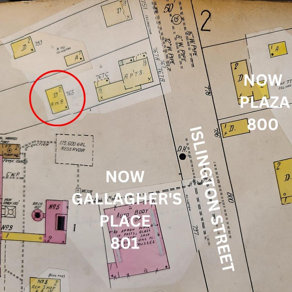 On Dec. 22, 1968, fire destroyed the home of the McLaughlin family at 765A Islington St. The former site of the house is circled in red. It is across the street from Hannaford at Plaza 800 on Islington Street, and next to Gallagher's Place.