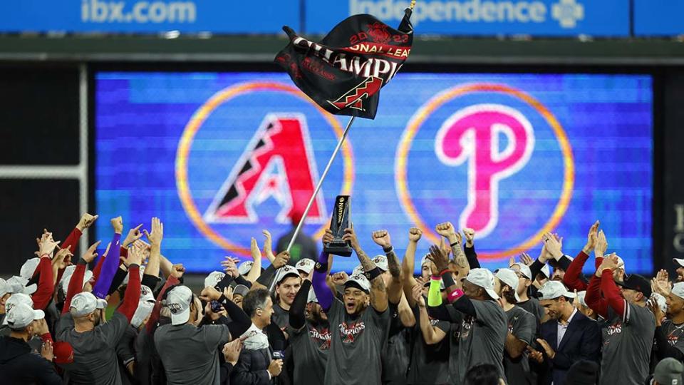 TNT Sports reporter Matt Winer interviews members of the Arizona Diamondbacks after they clinched the National League pennant with an NLCS win over the Philadelphia Phillies.