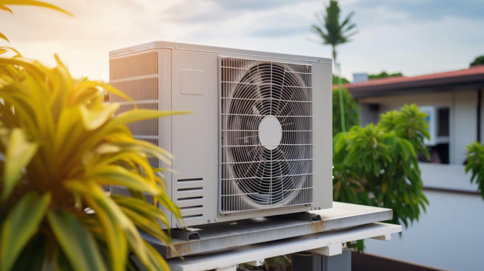 A commercial air conditioning unit mounted atop a residential roof in a suburban neighbourhood.