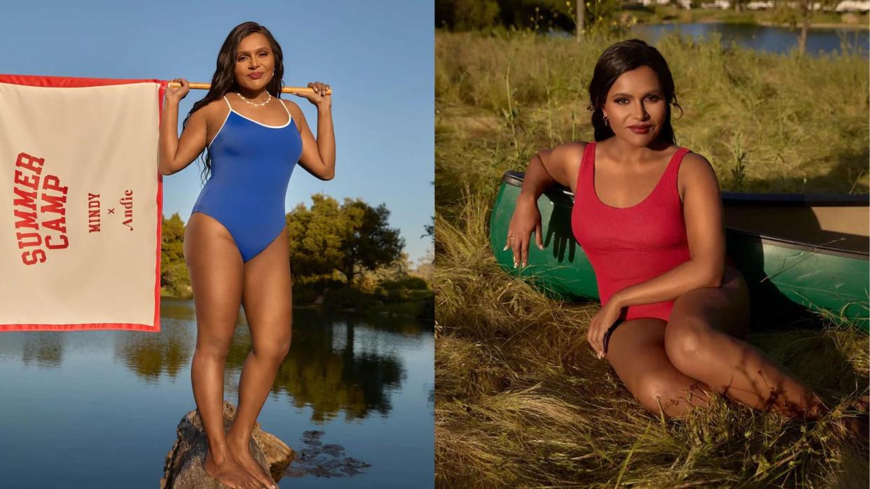 Mindy Kaling modeling a blue swimsuit and a red swimsuit