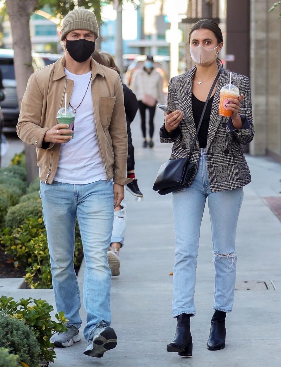 <p>Derek Hough and Hayley Erbert stop for smoothies at Joe & the Juice on Tuesday in West Hollywood. </p>