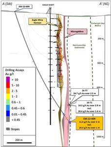 Cross section (100 m total width) highlighting EM-22-009 intercept and historical intercepts in the hanging wall microgabbro north of the main Eagle mine horizon (Source: Maple Gold news release of August 15, 2022).