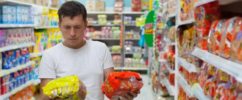 Young caucasian man make choose between two similar goods. Shopping in supermarket or grocery