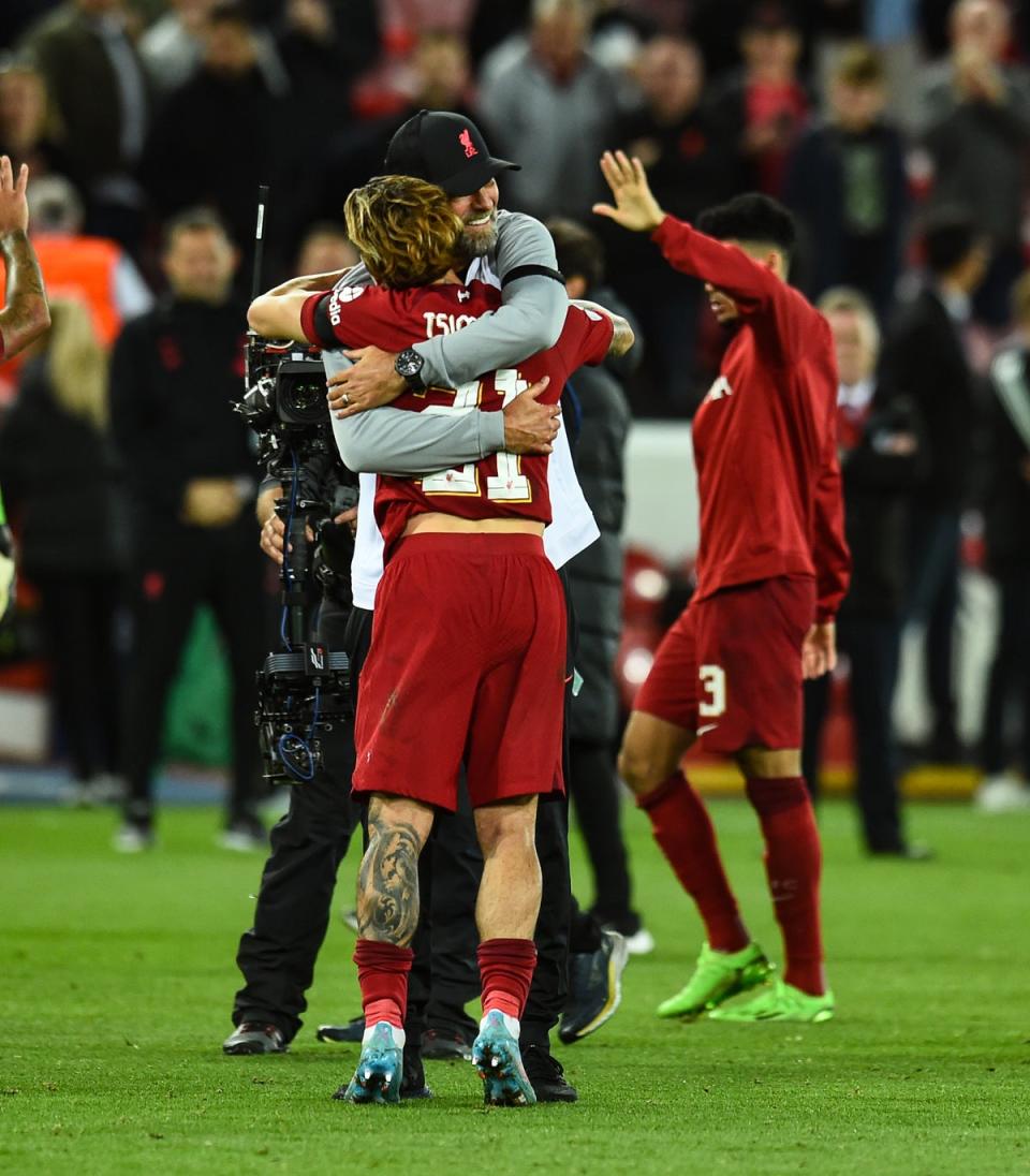 Jurgen Klopp manager of Liverpool with Konastantinos Tsimikas (Liverpool FC via Getty Images)