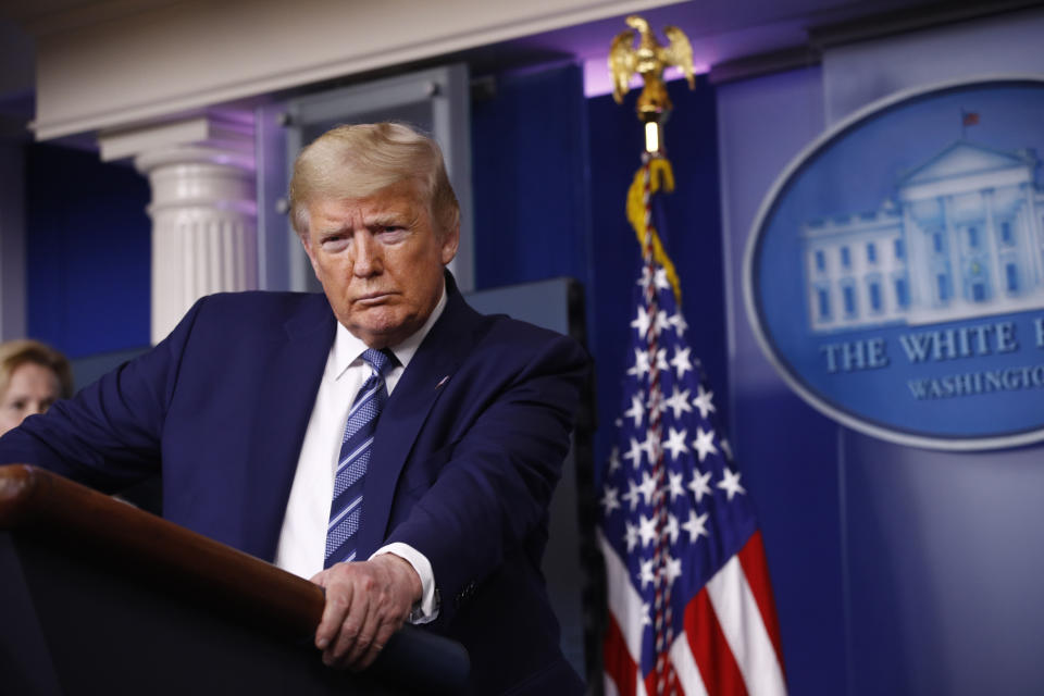 President Donald Trump speaks during a coronavirus task force briefing at the White House, Sunday, April 5, 2020, in Washington. (AP Photo/Patrick Semansky)