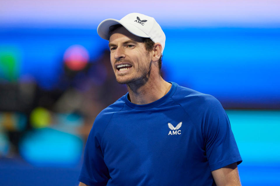 DOHA, QATAR - FEBRUARY 21: Andy Murray of Great Britain reacts against Jakub Mensik of Czech Republic in their second round match during the Qatar ExxonMobil Open at Khalifa International Tennis and Squash Complex on February 21, 2024 in Doha, Qatar. (Photo by Quality Sport Images/Getty Images)