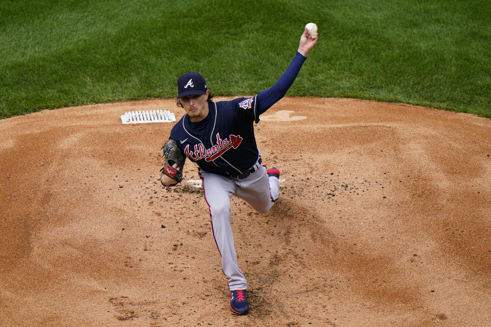 Atlanta Braves' Max Fried pitches during the first inning of an opening day baseball game against the Philadelphia Phillies, Thursday, April 1, 2021, in Philadelphia. (AP Photo/Matt Slocum)