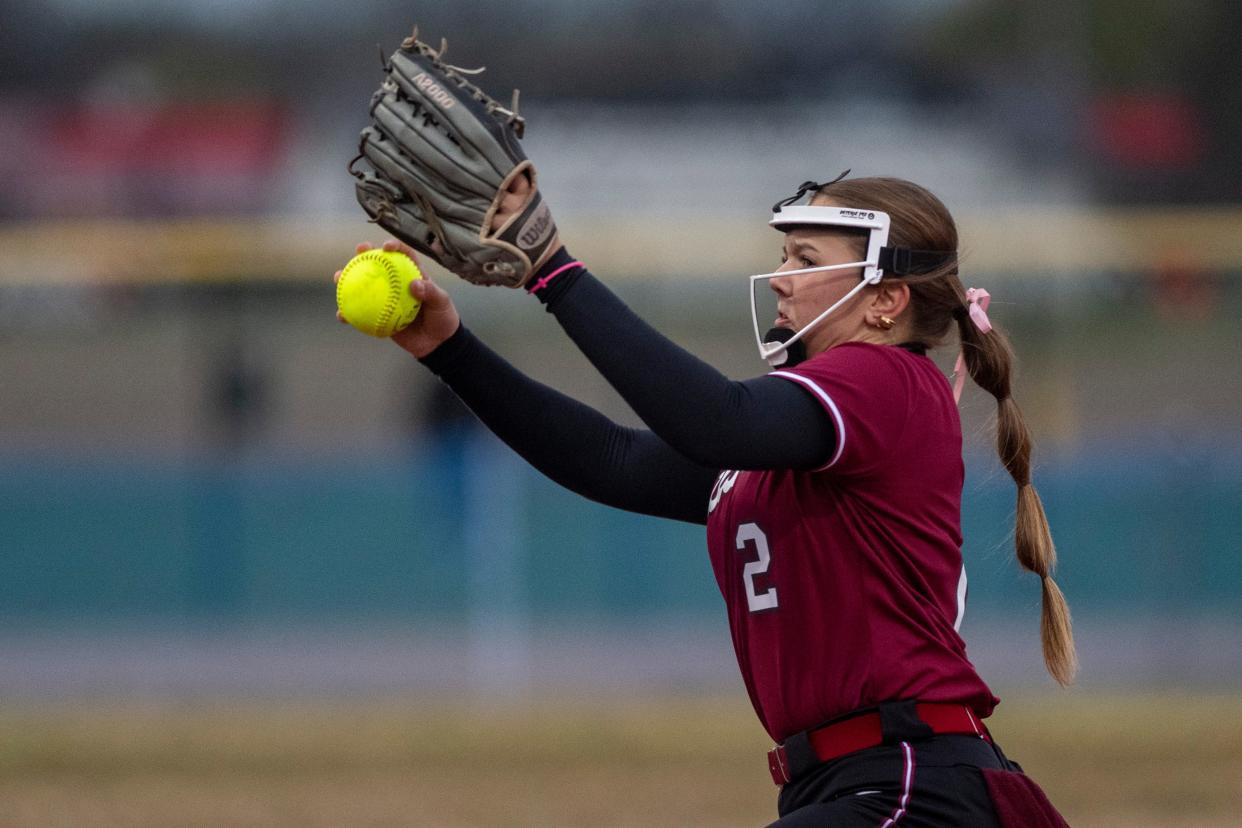 Gibson Southern's Carly Potts delivers a pitch against Daviess County during the Castle Softball Invitational presented by Peoples Bank at Deaconess Sports Park in Evansville, Ind., Friday, April 5, 2024.