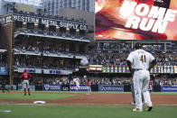 San Diego Padres' Fernando Tatis Jr. rounds second base after hitting a solo home run during sixth inning of a baseball game against the Cincinnati Reds on Thursday, June 17, 2021, in San Diego. (AP Photo/Derrick Tuskan)