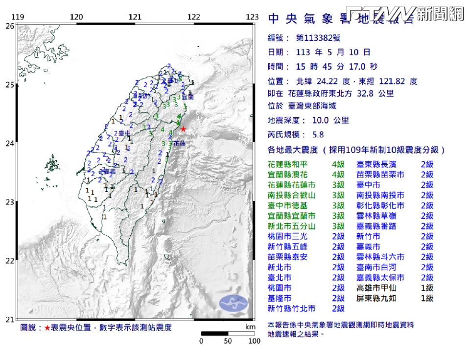 根據中央氣象署的資料，下午15點45分發生芮氏規模5.8的地震。（圖／中央氣象署提供）