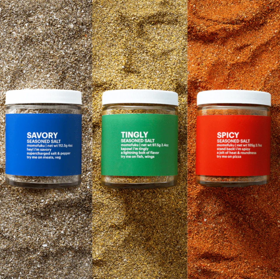 <p><a href="https://shop.momofuku.com/products/seasoned-salts-3-pack" rel="nofollow noopener" target="_blank" data-ylk="slk:Shop Now;elm:context_link;itc:0;sec:content-canvas" class="link ">Shop Now</a></p><p>Seasoned Salts </p><p>momofuku.com</p><p>$30.00</p><span class="copyright">Momofuku</span>